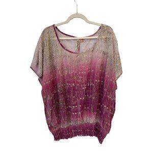 Eye Shadow Blouse Plus Sz 2X Short Sleeve Scoop Neck Smocked Ombre Pink Bohemian